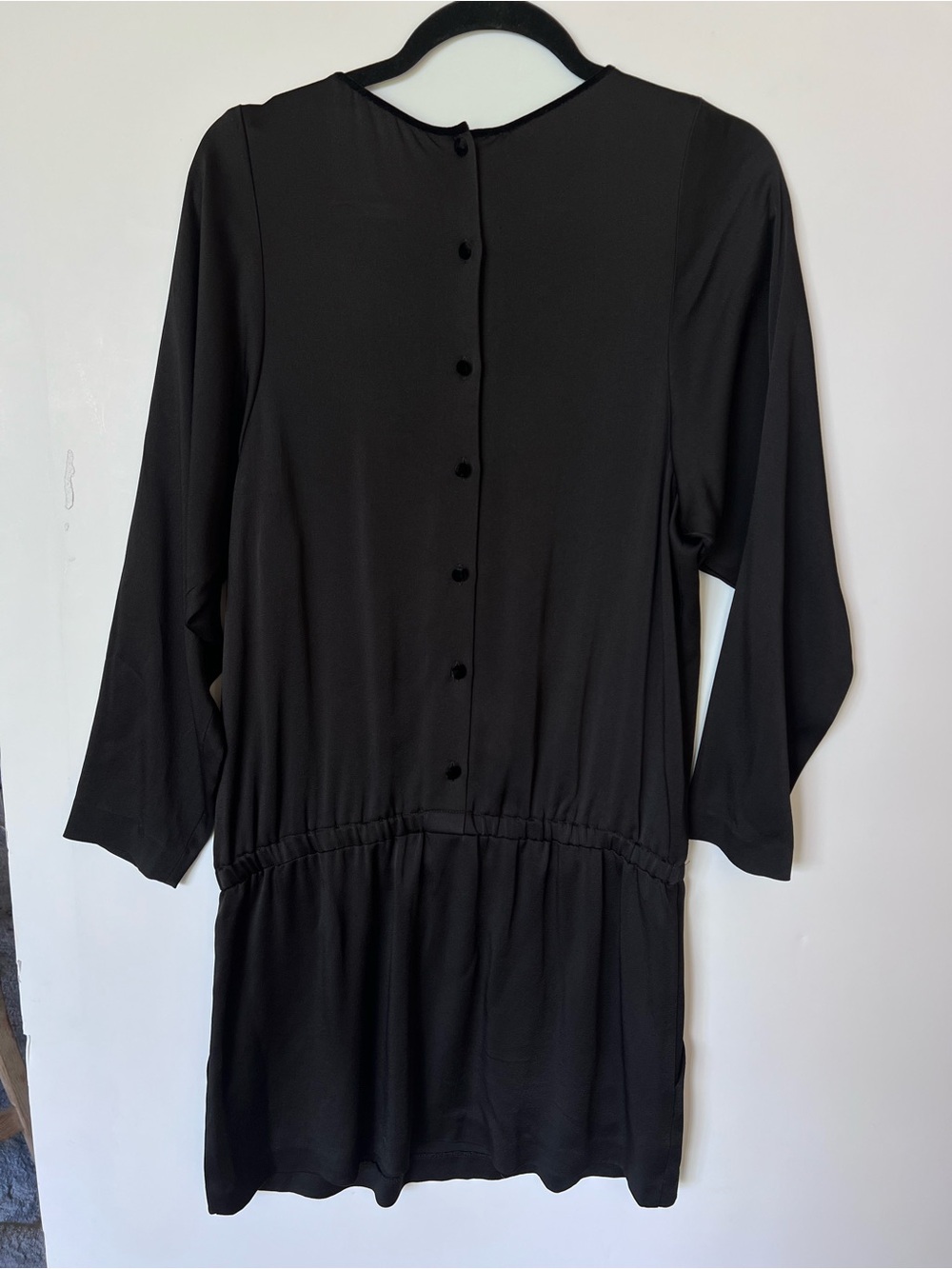 Theory Black Satin Long Sleeve Elastic Drop Waist Dress - Picture 3 of 8